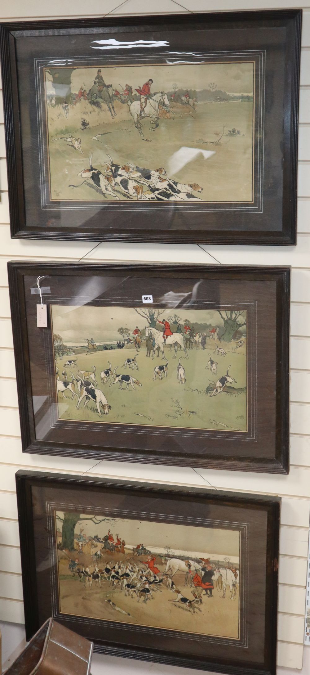 After Cecil Aldin (1870-1935) - Three coloured hunting lithographs, with original oak frames and oak veneer slips, 37 x 60cm,